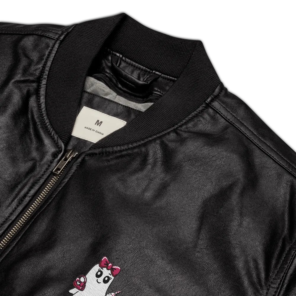 Cute Ghost Embroidered Faux Leather Bomber Jacket product image (4)