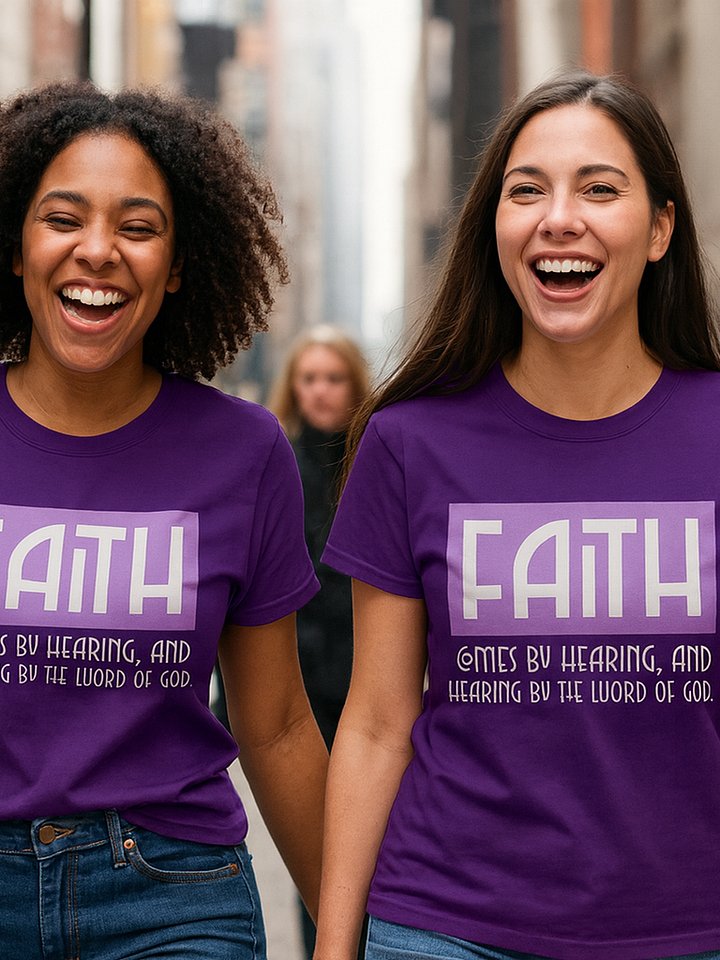 Faith Comes By Hearing Tee - Christian Bible Verse Romans 10:17 T-Shirt Bold Graphic Design Shirt product image (2)