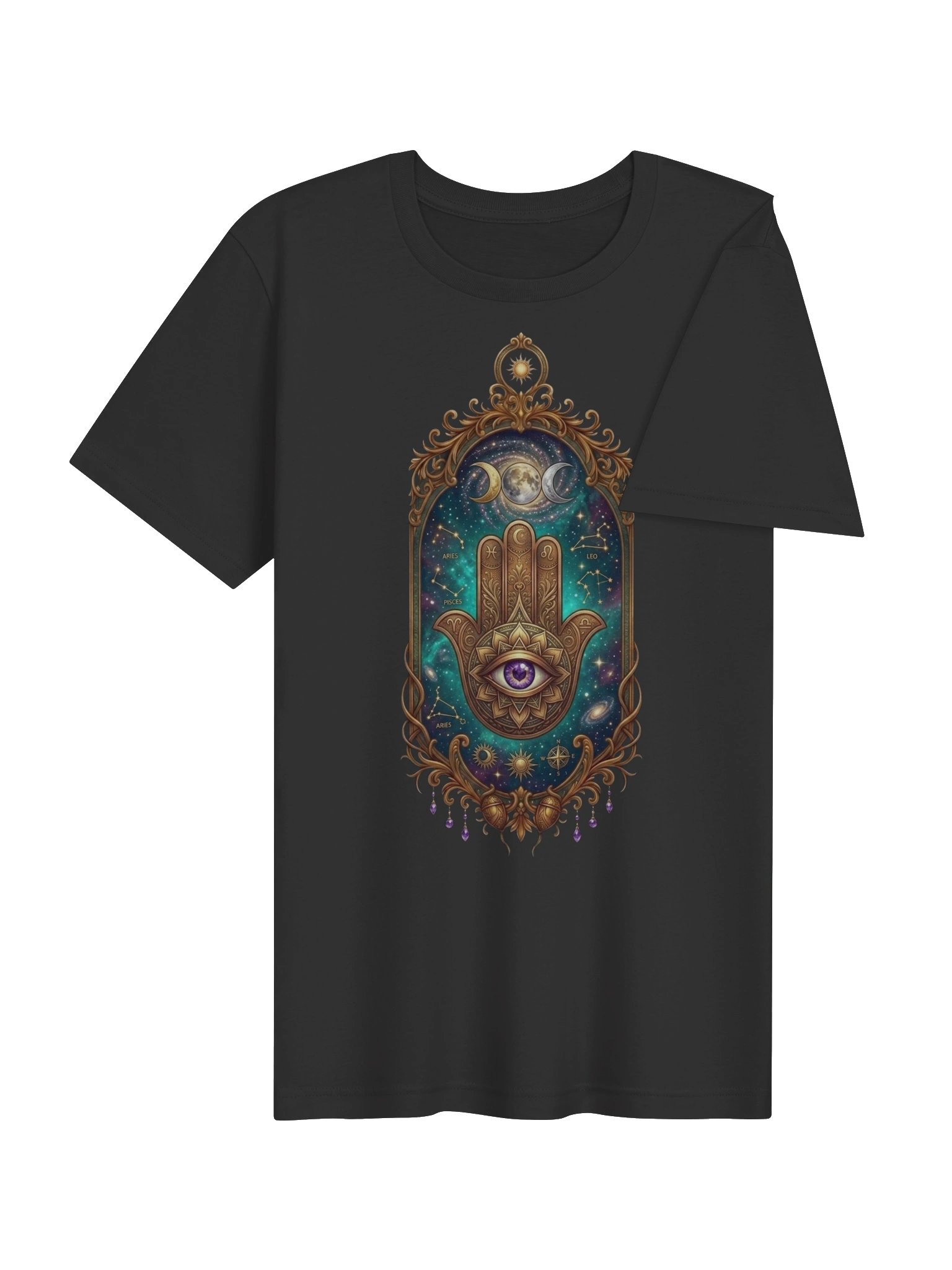 Mystical Zodiac Hamsa – Cosmic Constellation Mirror & Sacred Eye Talisman tee product image (4)