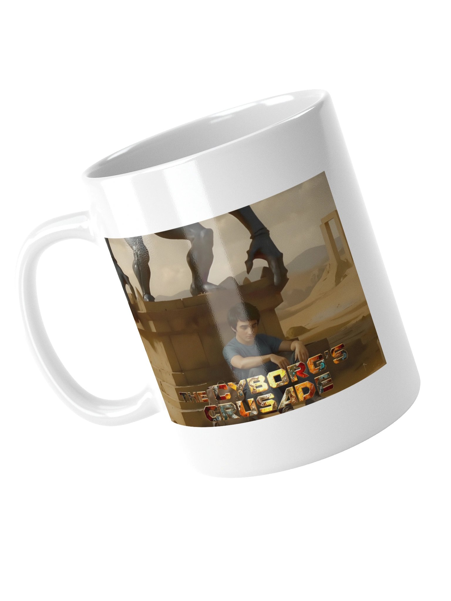 A White Mug Featuring James Hunter Sitting at the Foot of the Mysterious Statue product image (4)