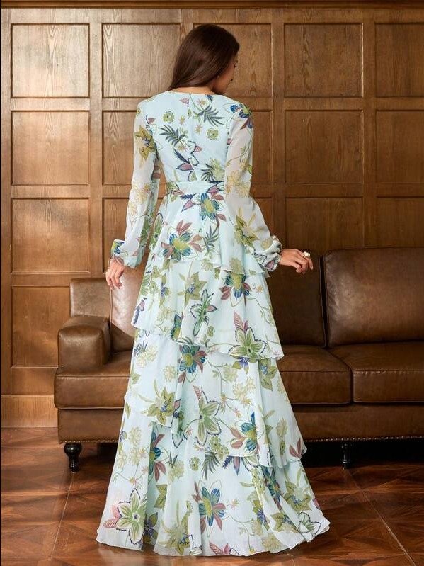 ADLEST Elegant Women's Crossed V-Neck Flare Sleeve Maxi Dress: Romantic Floral Print Dress, Layered Ruffle Hem product image (2)