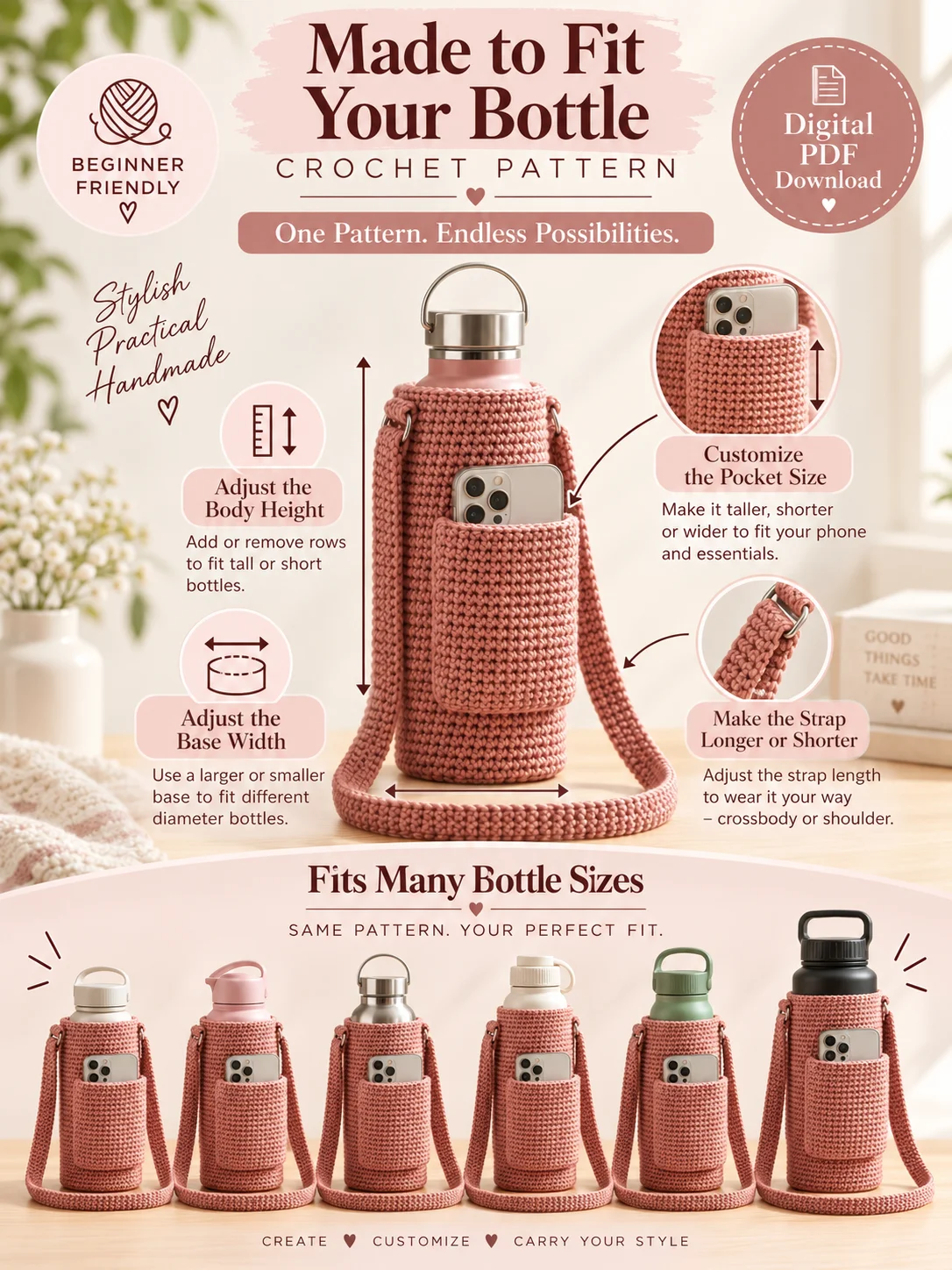 Crochet Water Bottle Holder with Phone Pocket – PDF Pattern product image (2)