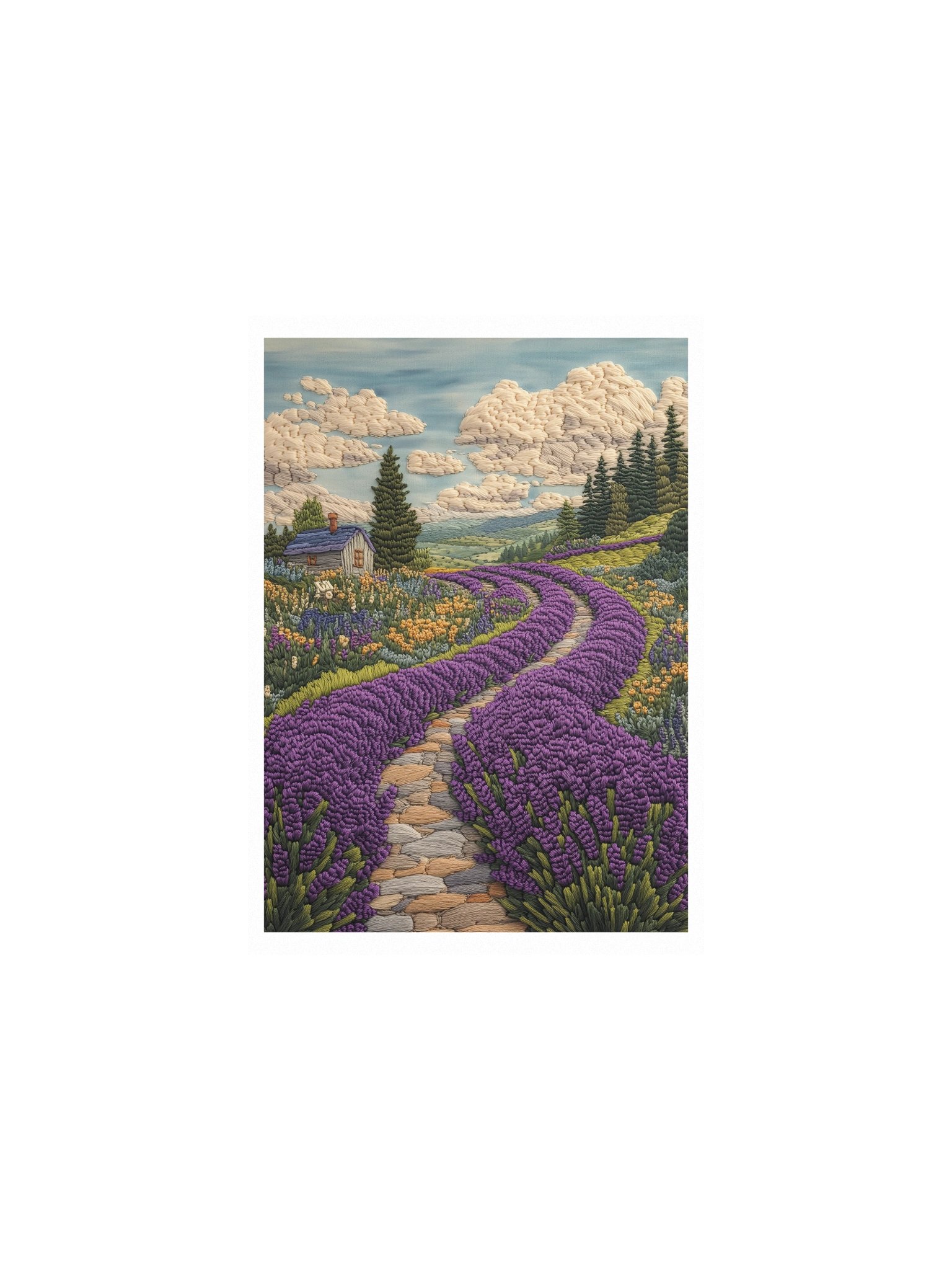 A Lavender Walk in Provence | Embroidery-Style Wall Art — Unframed Print product image (1)