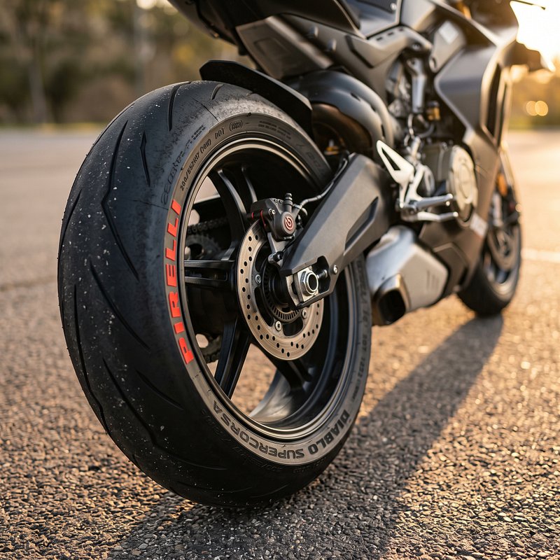 Motorcycle rear tire with Pirelli lettering painted red with Pimpen markers