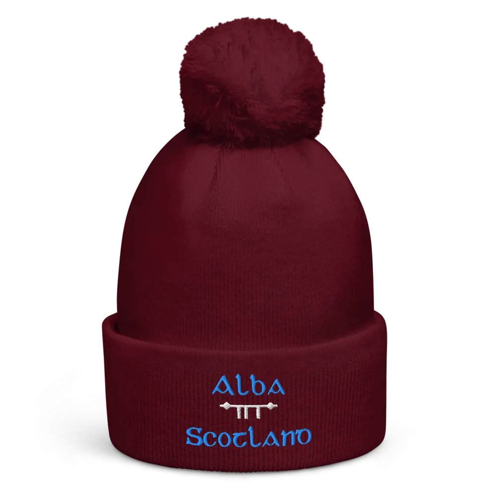 Scotland/Alba Scholastic style Ogham, Blue and white, embroidered Pom-Pom Beanie product image (3)