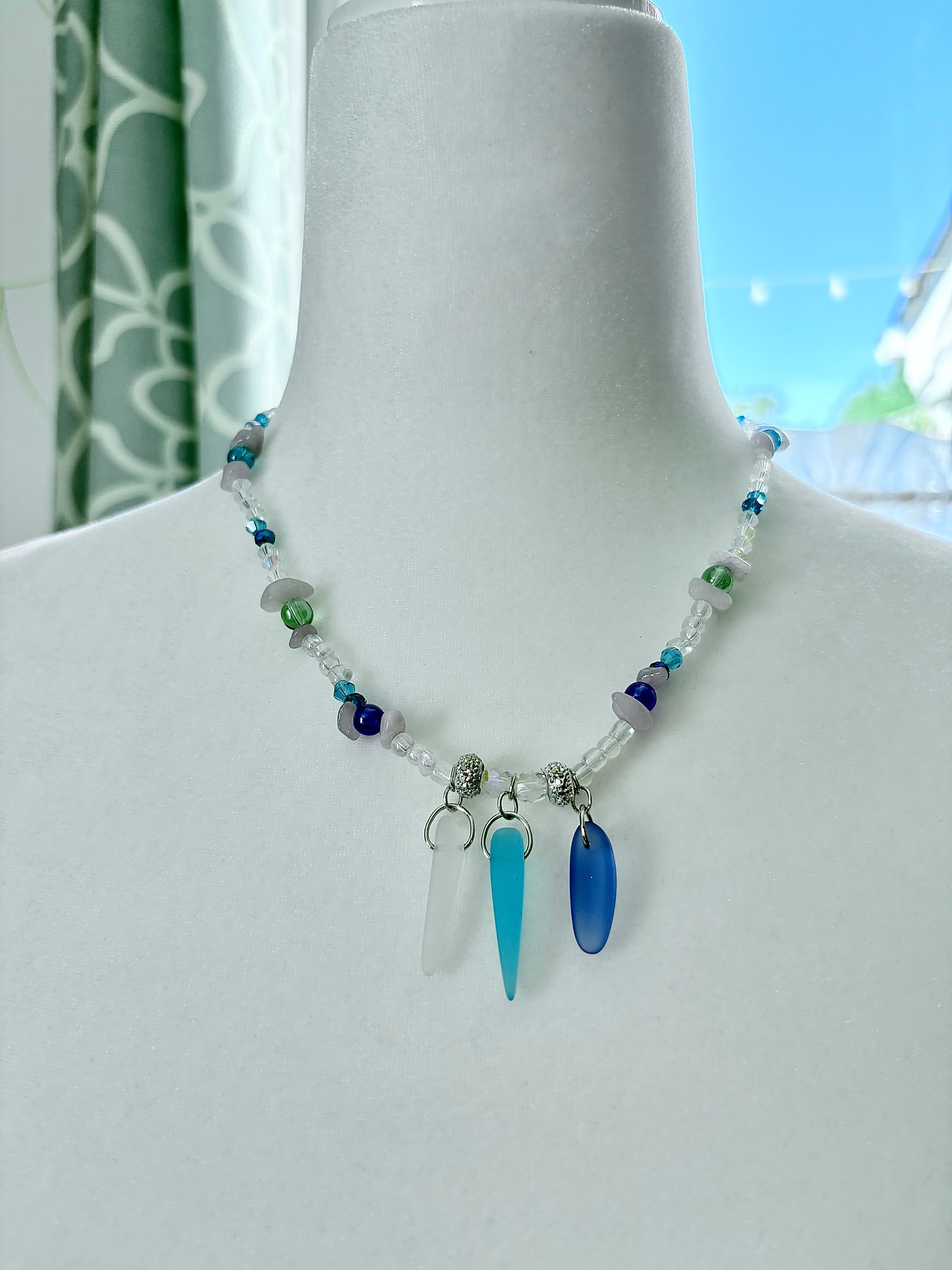 MFD-00032 | Tri-Sea Glass Pendant Necklace | Coastal Blues & Glass Beads | Handmade Coastal Charm Jewelry by Monique Faella Designs™ product image (1)