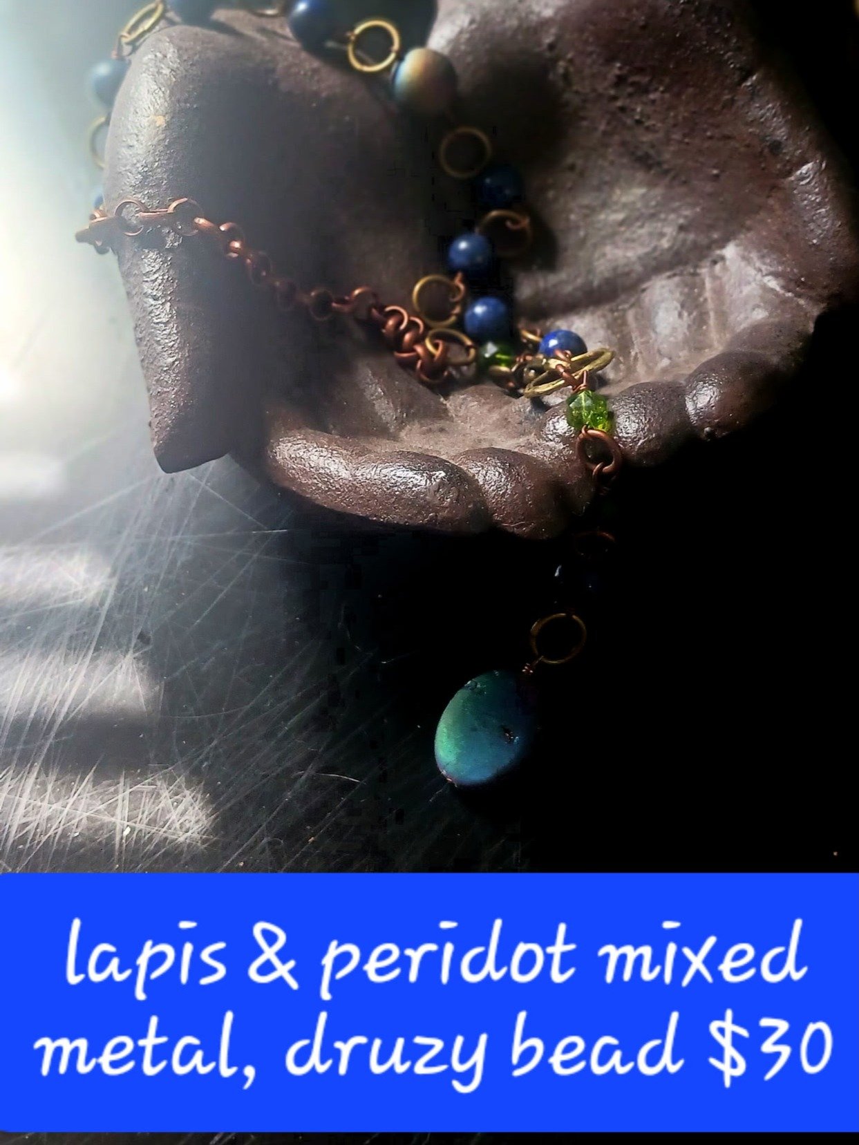 Lapis and Peridot Mixed Metal Beads Handmade Gemstone Bead Strand product image (1)