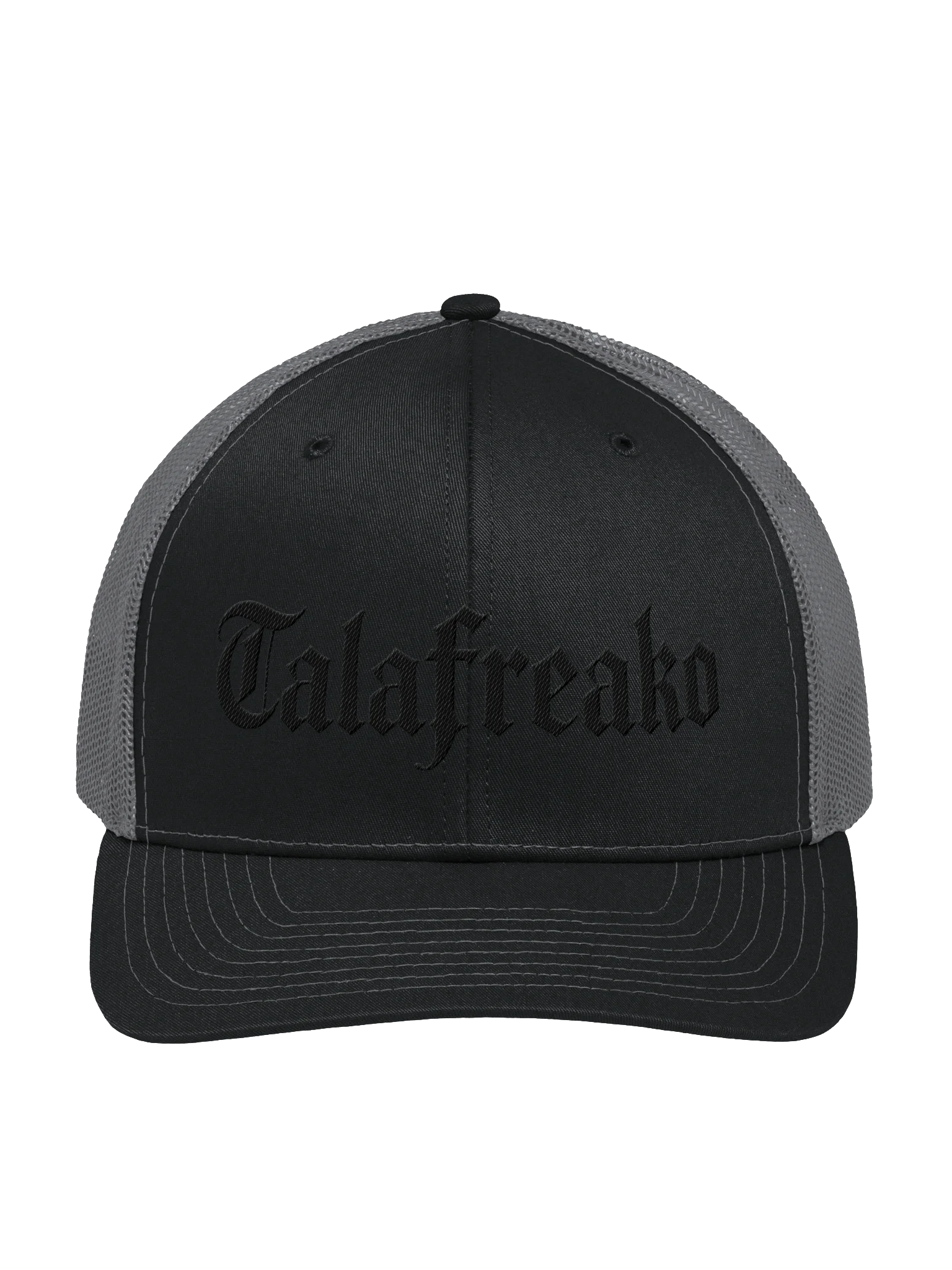 Talafreako trucker hat on the Richardson 112: clean Old English blackletter across the front. Street meets small town, snapback fit, ships fast.