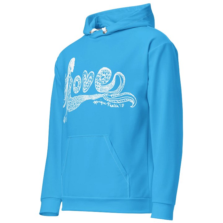 Mermaid Love | White on Deep Sky Blue | Comfy All-Over Print Unisex Hooded Sweatshirt | Ocean-Inspired | Monique Faella Designs™ product image (2)