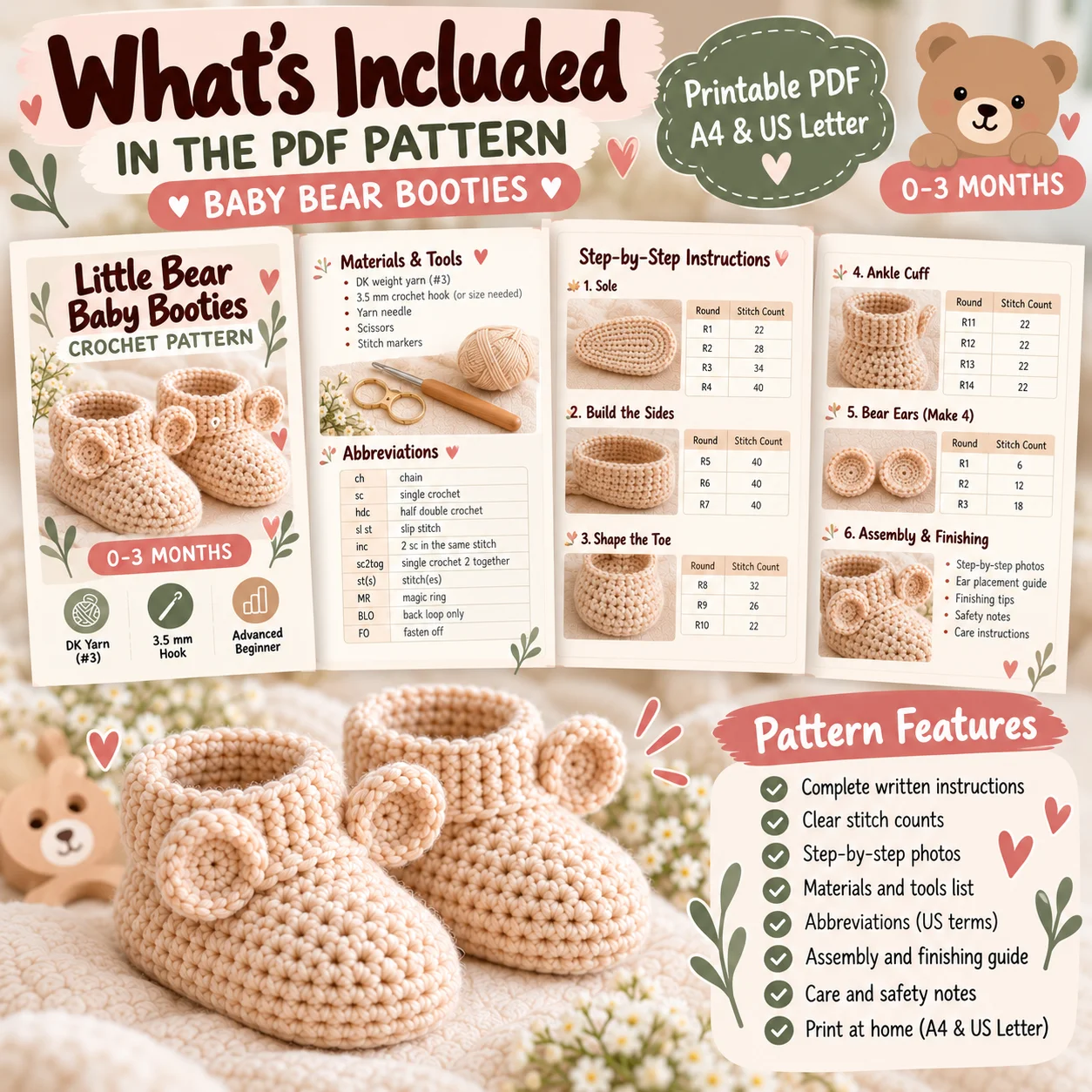 Little Bear Baby Booties Crochet Pattern PDF – 0–3 Months product image (2)