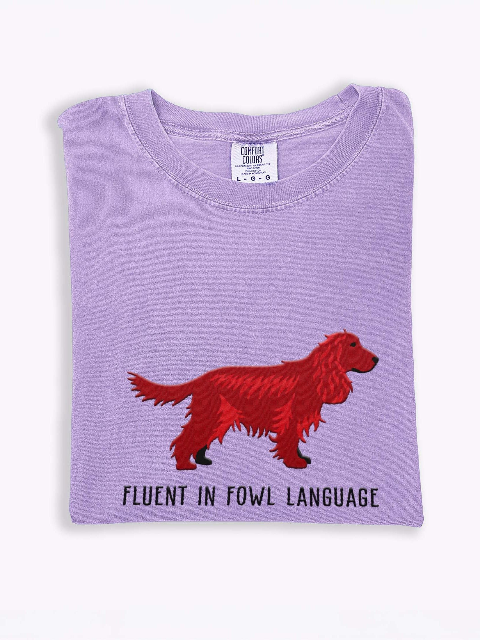 Fluent in Fowl Language T-Shirt(Embroidered) of an English Cocker Spaniel(Liver) product image (1)