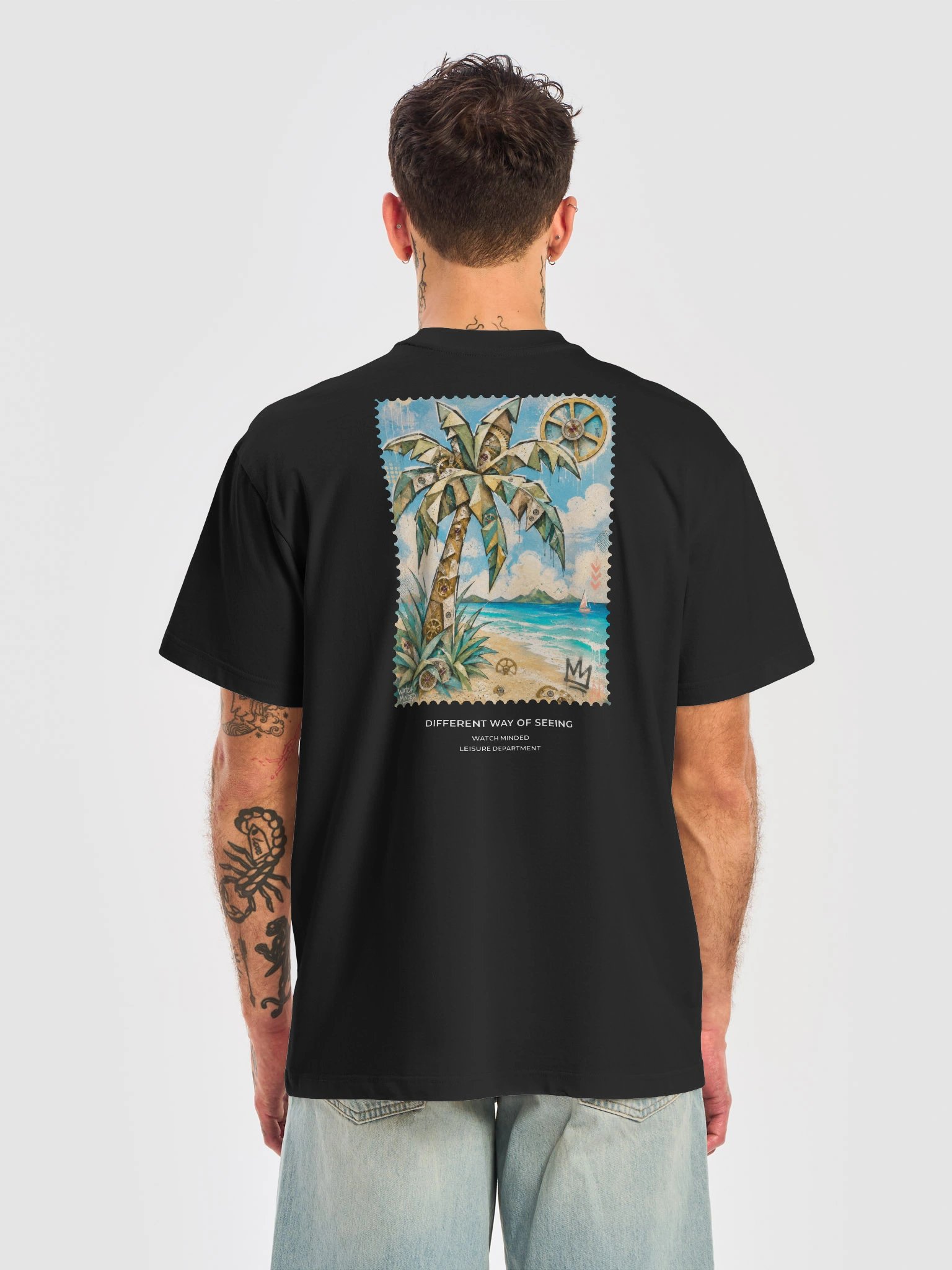 Relaxed Fit Heavy Cotton "Clockwork Beach" T-Shirt, Black product image (1)