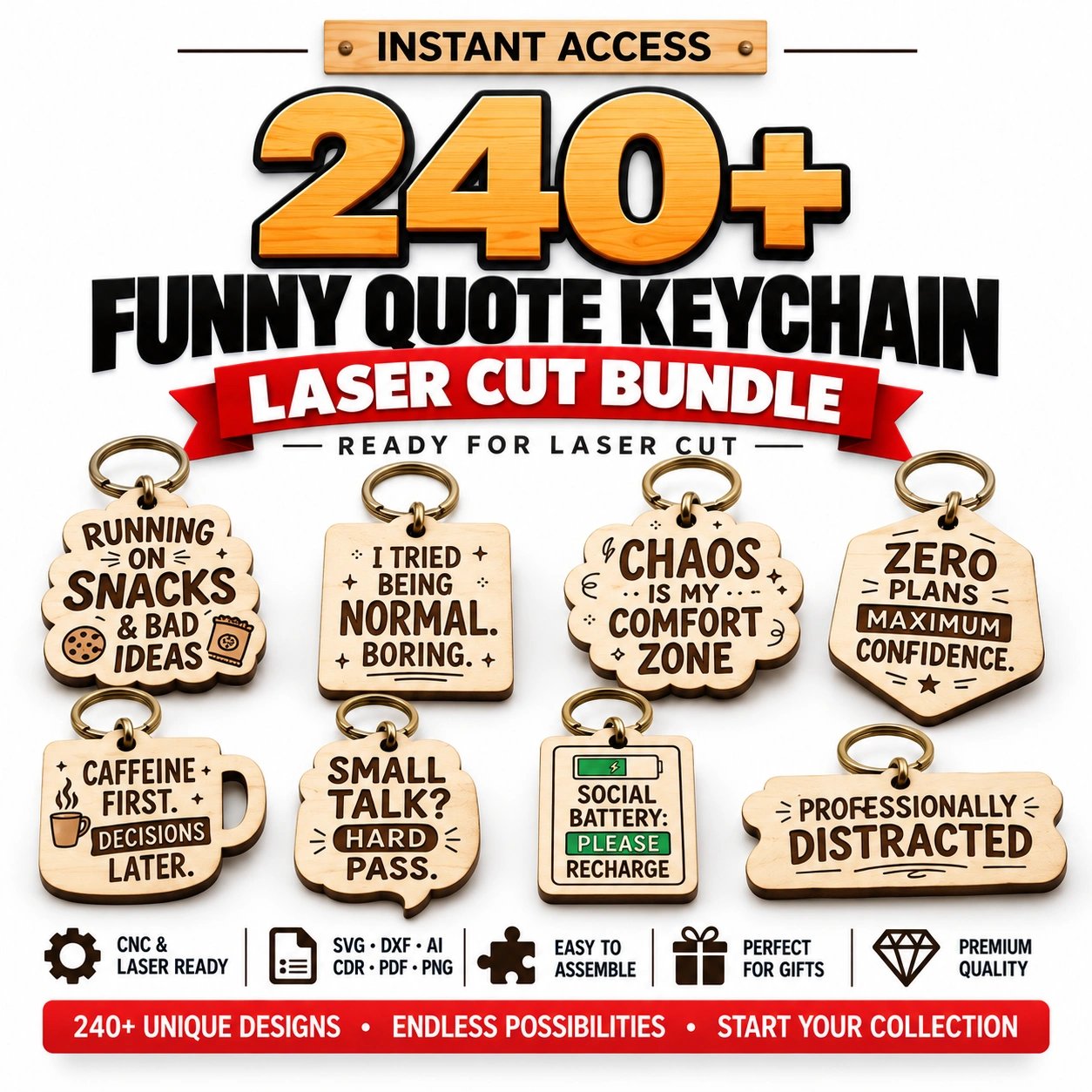 240+ Funny Quote Keychain Laser Cut Bundle | Humorous Saying SVG, DXF, AI & PNG Files product image (1)