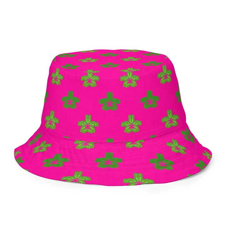 Clowny Cannabis 420 Flower Reversible Bucket Hat, Stoner Circus Weed Art, Hot Pink Green Purple Pot Leaf Pattern 420 Fashion product image (1)