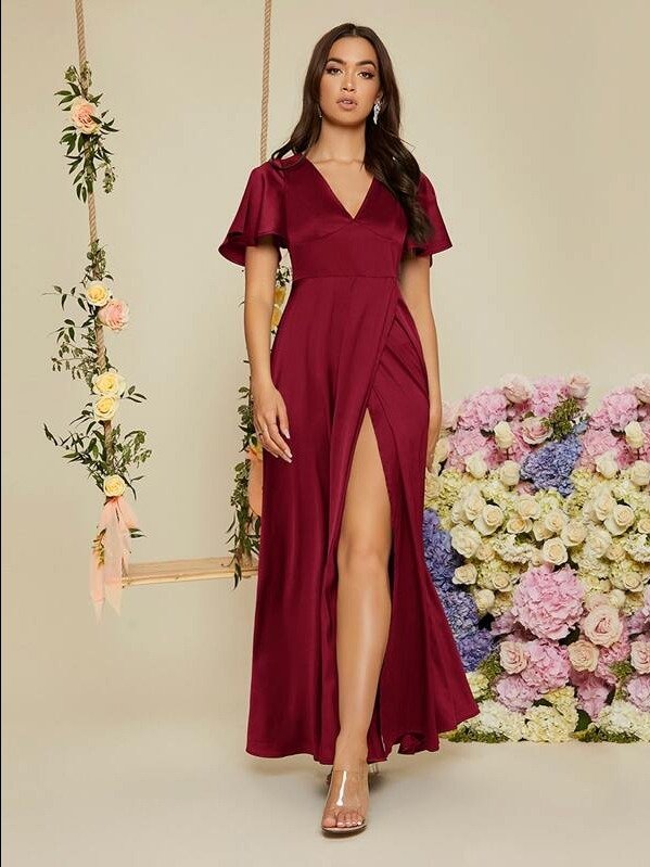 SHEIN Belle Flounce Sleeve Wrap Hem Satin Bridesmaid Dress Black Elegant Formal Evening Prom Wedding Guest Gown, For Graduation, Dinner Party Dress product image (1)
