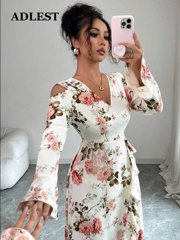 ADLEST | Y2K Women's Elegant, Stylish And Temperamental Long Dresses With Floral Prints, Featuring Off-The-Shoulder Design And Asymmetrical Hems, Autumn, Valentine's Day And Christmas product image (2)