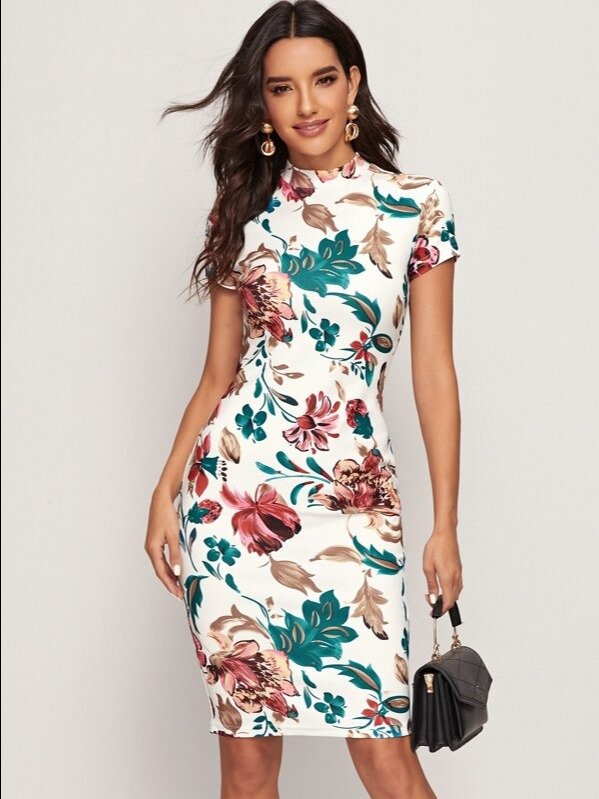 ADLEST Clasi Floral Print Mock Neck Bodycon Dress,Summer Dresses For Women product image (7)