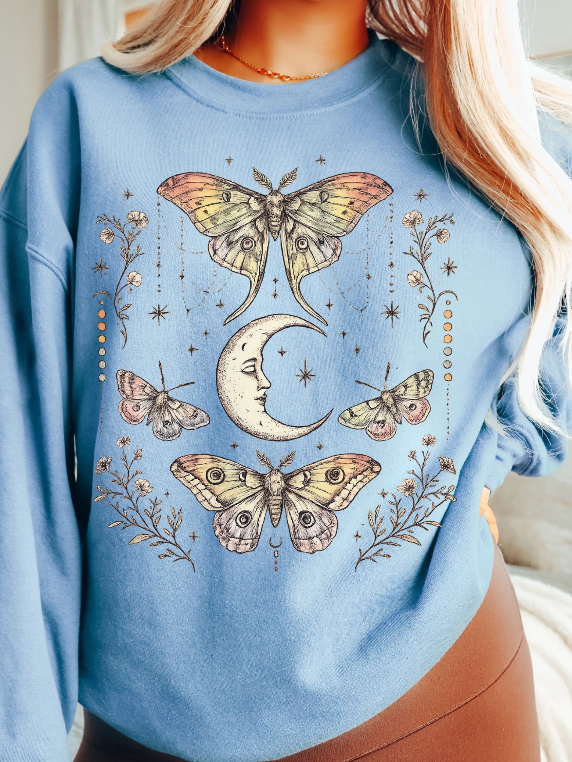 Luna Moth and Crescent Moon Sweatshirt, Mystical Celestial Design product image (2)
