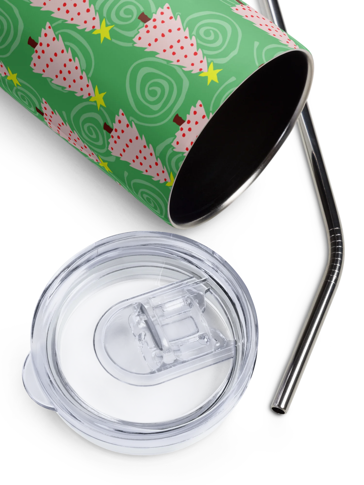 Pink Christmas Trees on Green Spirals Stainless Steel Tumbler with Straw product image (4)