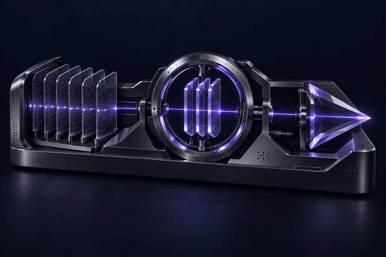 Violet light connects a fan of input wafers, a glass analysis chamber and a faceted decision arrow in one sculptural instrument.