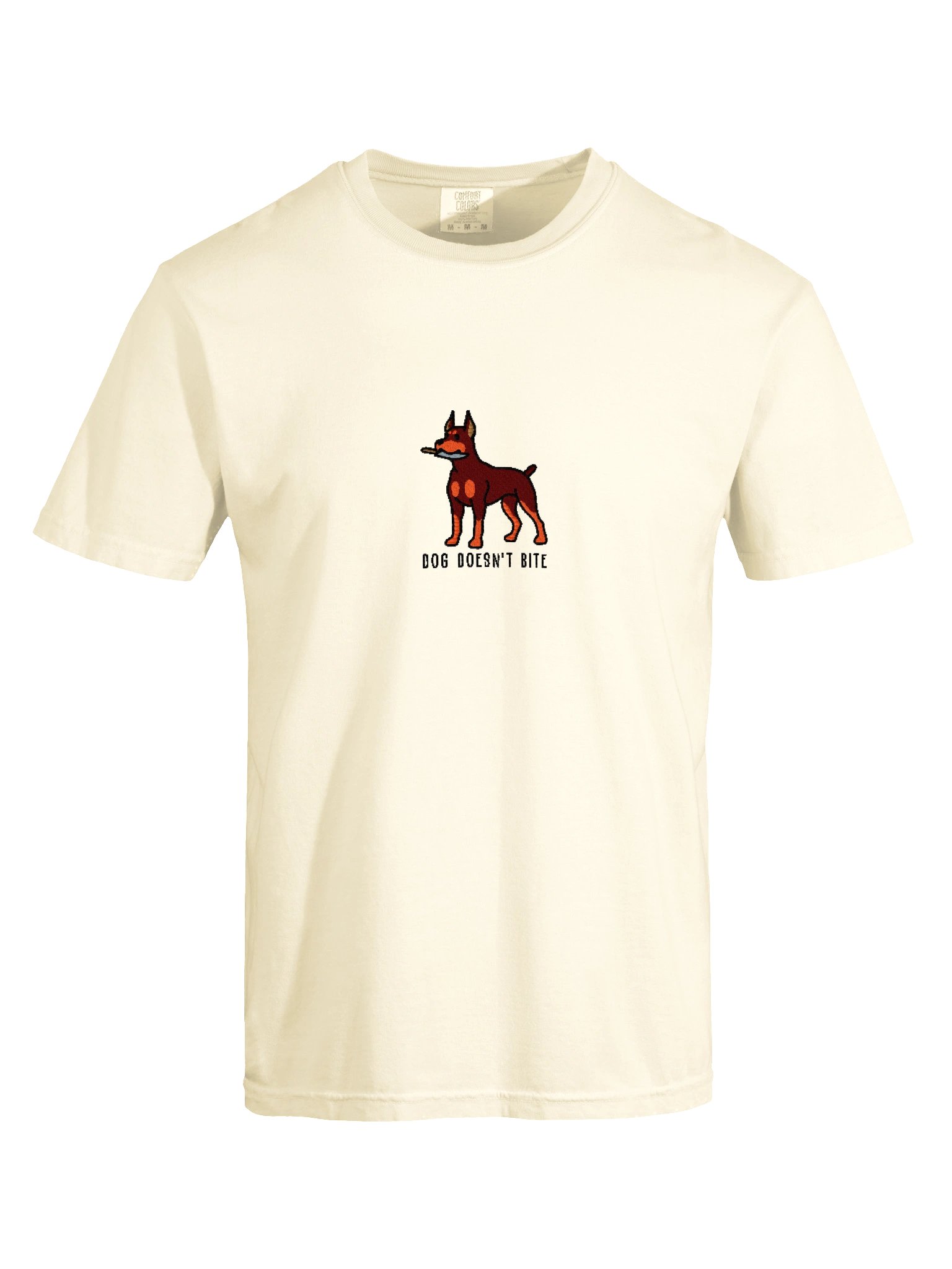 Dog Doesn't Bite Funny Chibi-Style Embroidered T-Shirt for Doberman Pinscher(Red & Tan, Cropped Ears) Owners product image (117)