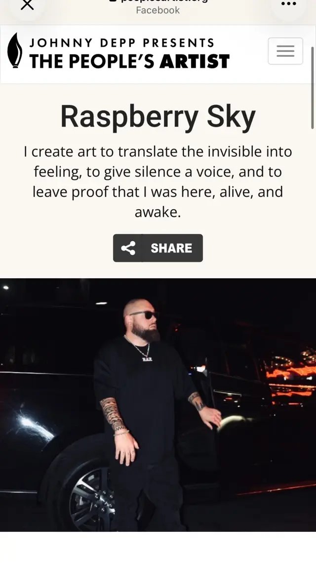 Tonight feels surreal. To be recognized by The People’s Artist, presented by Johnny Depp, and currently sit at ##1in my group… that hits different. I started this journey with a dream, a microphone, late nights, broken seasons, and a belief that art could say the things people struggle to speak out loud. Every stream, every message, every person who ever shared a song or came to a show helped build this moment brick by brick. “I create art to translate the invisible into feeling, to give silence a voice, and to leave proof that I was here, alive, and awake.” That line isn’t branding to me. It’s my entire life philosophy. Thank you to everyone riding with Raspberry Sky. From the beginning until now, you’ve helped turn midnight thoughts into real-world motion. 🌙 This is only the beginning. ##RaspberrySky##ThePeoplesArtist##JohnnyDepp##DreamwaveRNB