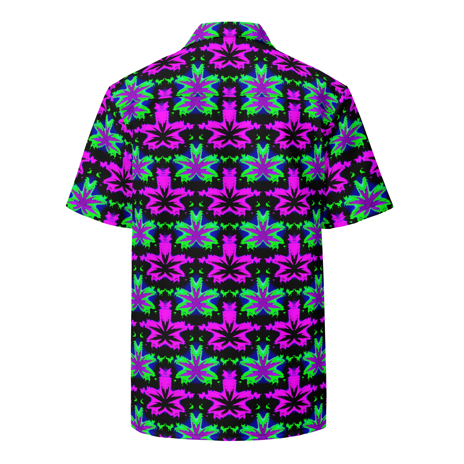Raver Stoner Summer Button Shirt, Trippy Techno 420 Festival Fashion, Neon Green Pink Black Weird Weed Art Rave Wear, Cannabis Leaf Unisex Clothing product image (2)