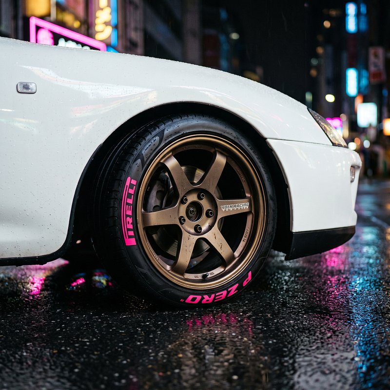 White car on bronze wheels with Pirelli tire lettering painted pink with Pimpen markers