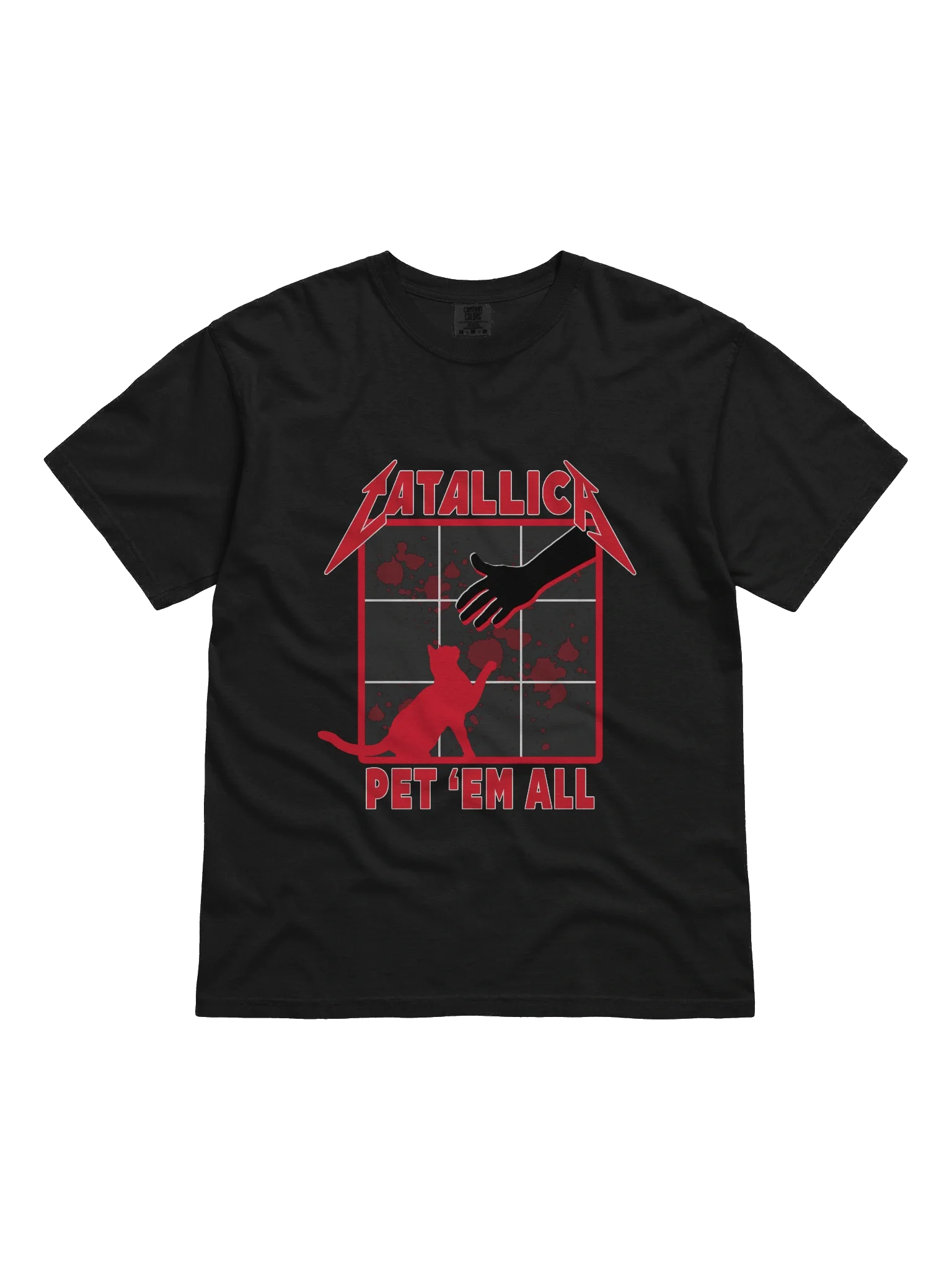 Catallica Pet Em All t-shirt showing a hand reaching down toward a red cat asking for scritches - a Metallica parody gift for cat lovers
