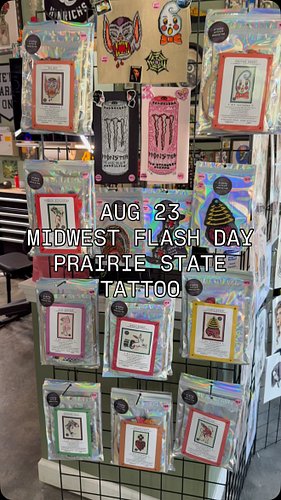 @prairiestatetattooco is stocked up and ready to tattoo you tomorrow!! kits, patches, magnets, stickers, free prints, gaze up...