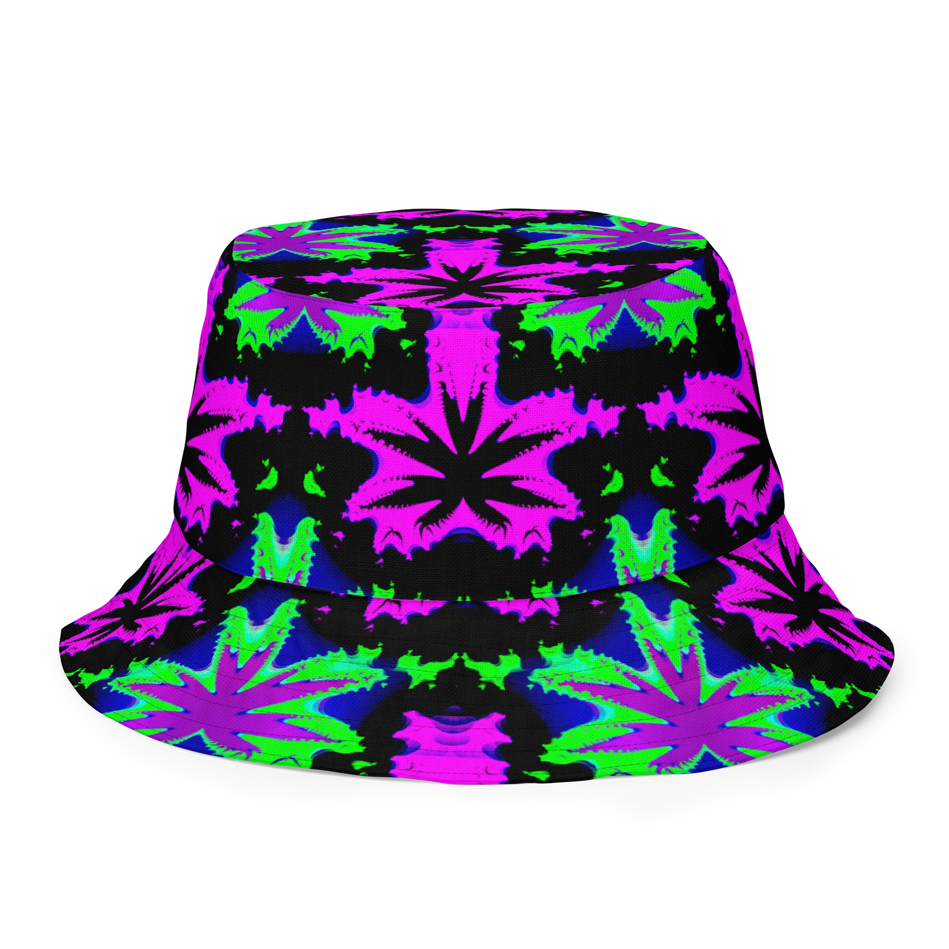 Psychedelic Stoner Raver Reversible Bucket Hat, Weird Weed Leaf 420 Festival Fashion Accessory, Kaleidoscope Star Trippy Cannabis Art product image (2)