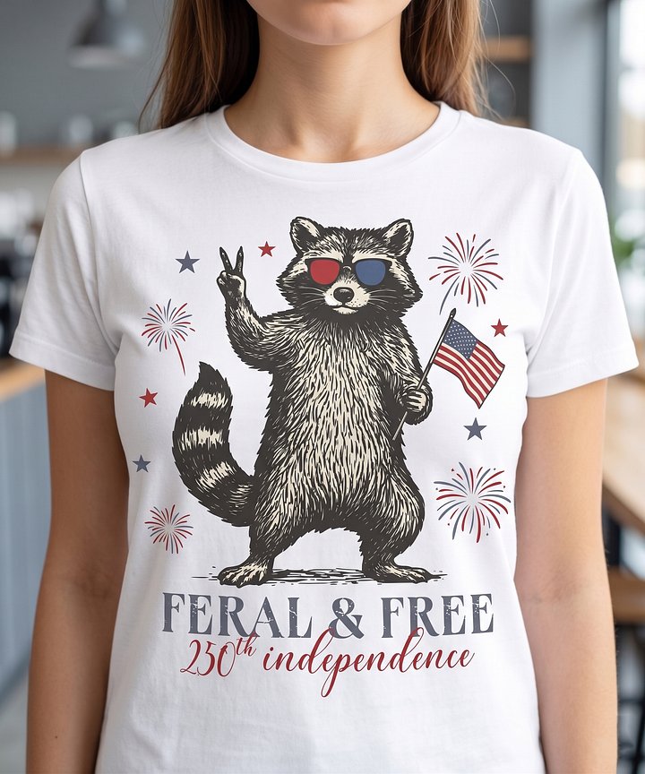 Feral & Free Raccoon Shirt - 250th Independence Day Tee - Funny Patriotic USA 250th Anniversary Graphic product image (1)