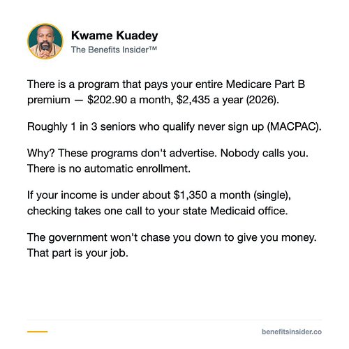 1 in 3 Seniors Who Qualify for Free Part B Never Claim It.

The Qualified Medicare Beneficiary program pays the full Part B p...