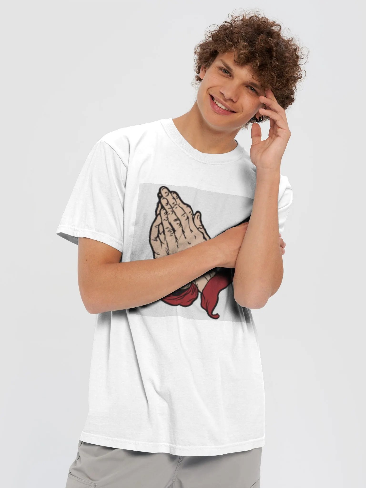 Prayer Hands White Cotton Tee Shirt product image (5)