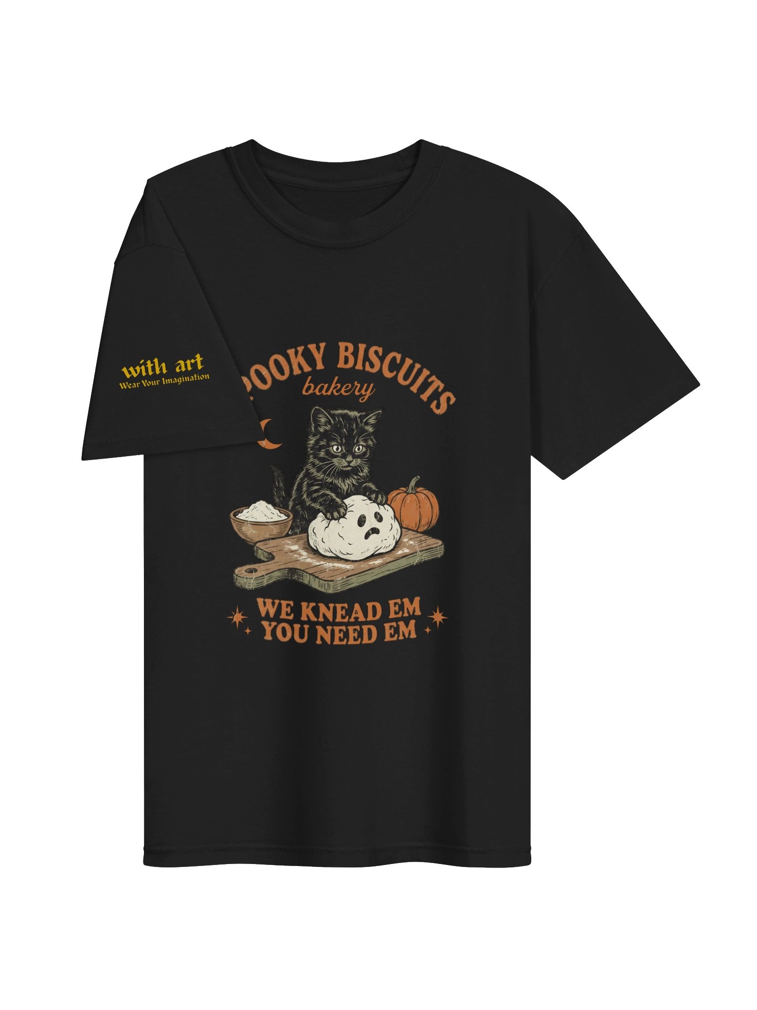 Spooky Biscuits Bakery T-Shirt | Cute Black Cat Kneading Dough Baker Graphic Tee product image (18)