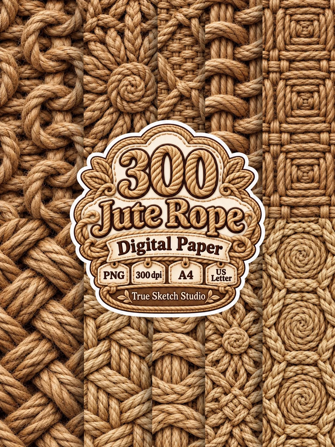 Jute Rope Digital Paper Bundle, Beige Brown Woven Textures, Rustic Scrapbook Backgrounds, Braided Motifs, Printable Junk Journal Craft Pages product image (4)