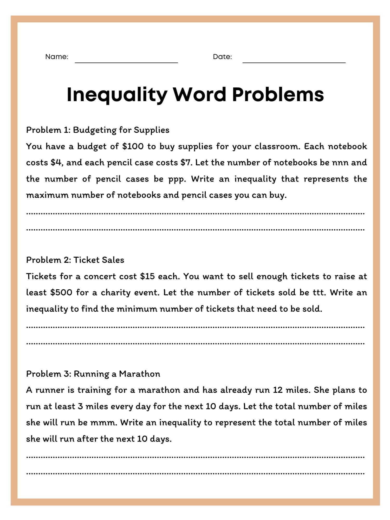 Inequality Word Problems Worksheet with Answer Key product image (1)