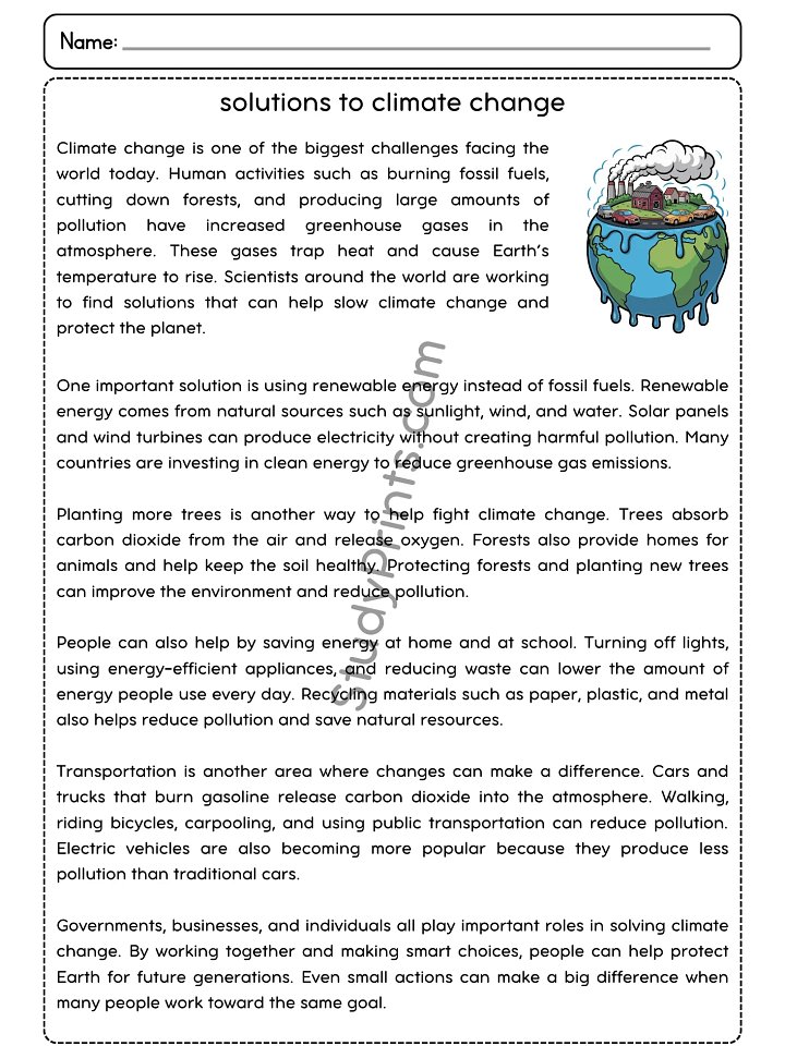 Solutions to Climate Change Reading Comprehension Passage and Questions | Printable PDF product image (2)