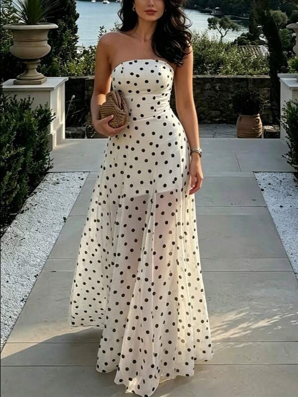White Polka Dot Strapless Mermaid Long Dress | ADLEST product image (1)