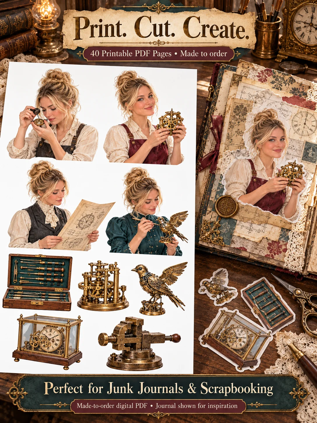 Personalized Steampunk Ephemera for Junk Journals: 40 Printable PDF Pages of Victorian Clockwork Portraits, Brass Gadgets and Mechanical Wonders for Scrapbooking and Mixed Media product image (3)