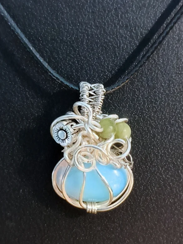 Hand-Wrapped Opalite Pendant | Jade Accent, Silver-Tone | "Luminous Pumpkin" product image (4)