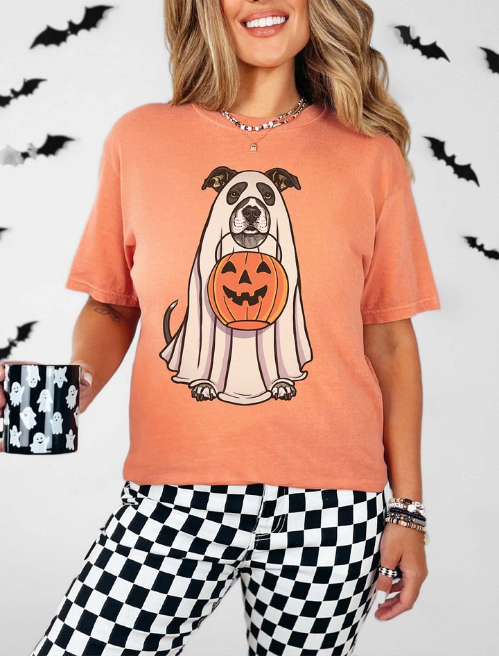Funny Halloween Pitbull Terrier(Black) T-Shirt | Funny Pittie Wearing a Ghost Costume and Holding a Pumpkin Basket product image (2)