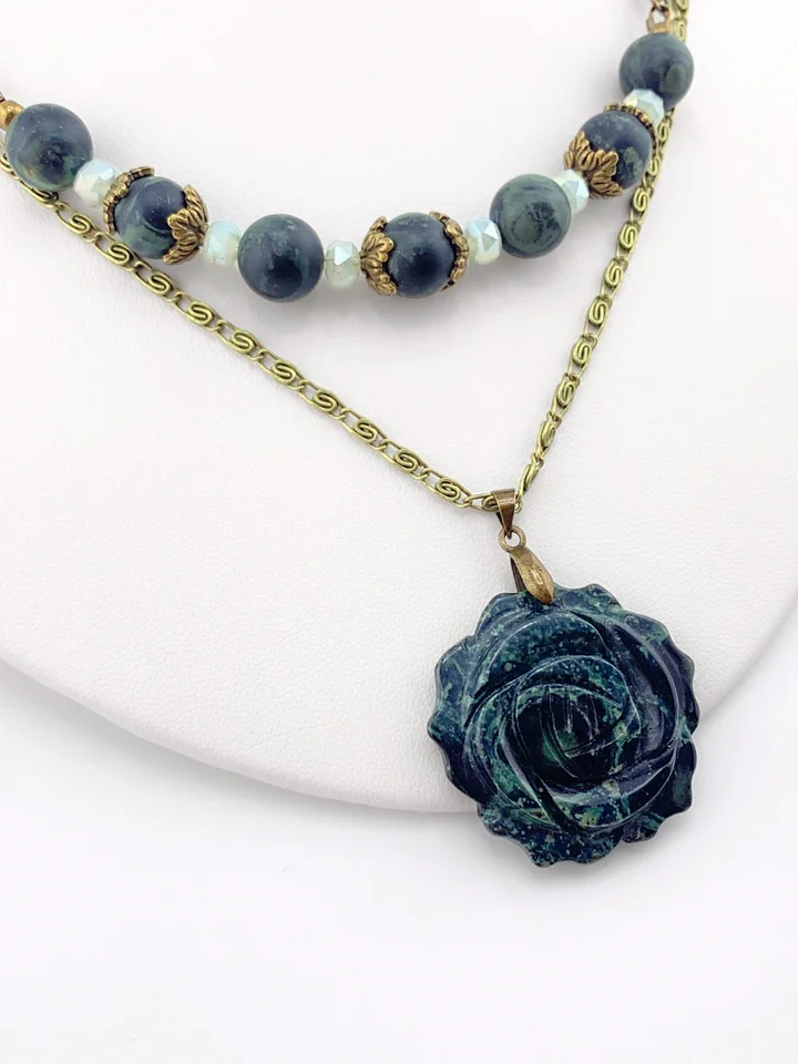 Kambaba Jasper Two-Strand Pendant Necklace Set - Green/Brass product image (1)