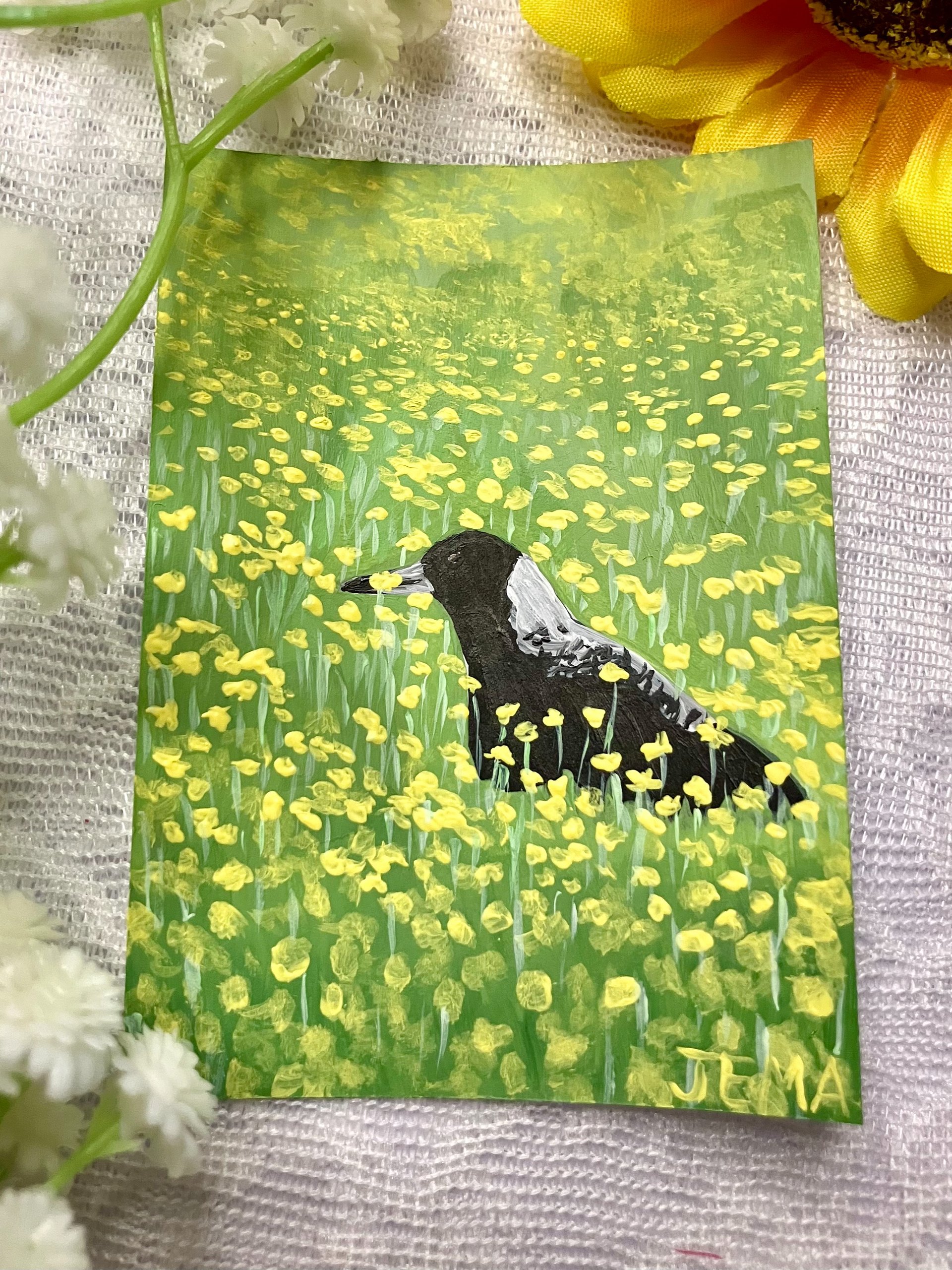 Magpie In Yellow Flowers ACEO Original Acrylic Painting product image (1)