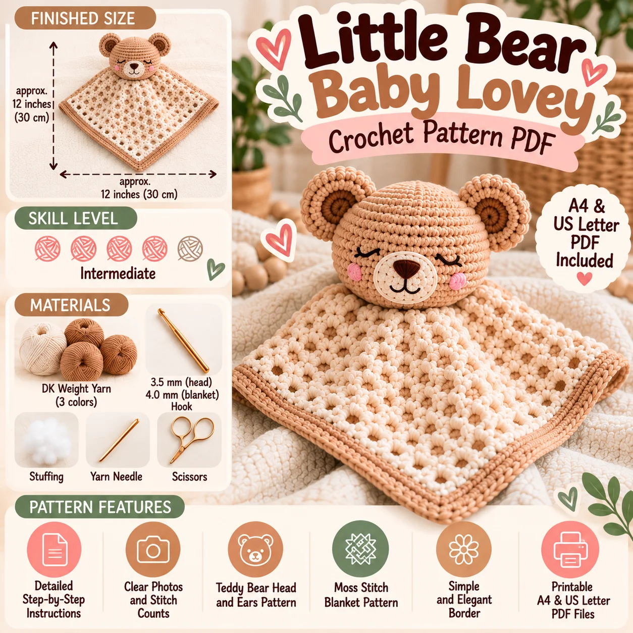 Little Bear Baby Lovey Crochet Pattern PDF | Teddy Bear Security Blanket product image (6)