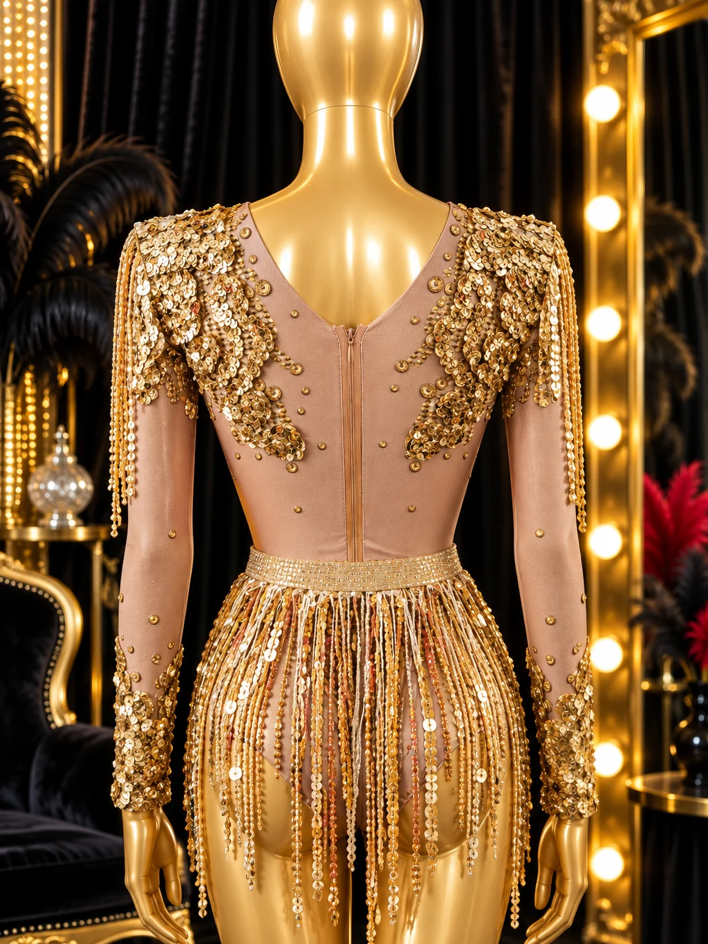 Sequin Showgirl Bodysuit with Removable Fringe Skirt Gold or Pink product image (3)