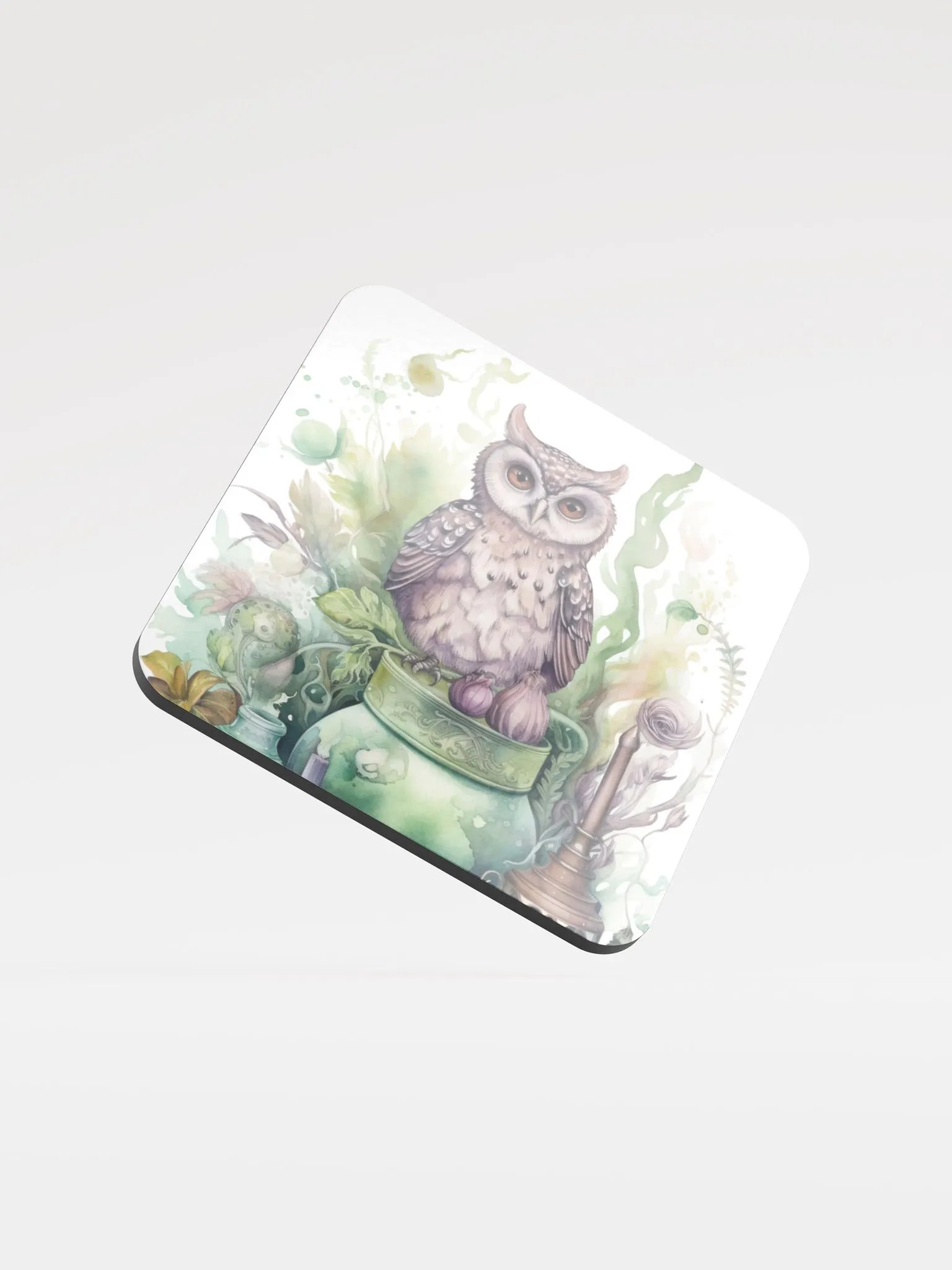 Glossed Cork Coaster 🦉 Peaceful Green Theme - Owls Vibes - Motif 3 product image (1)