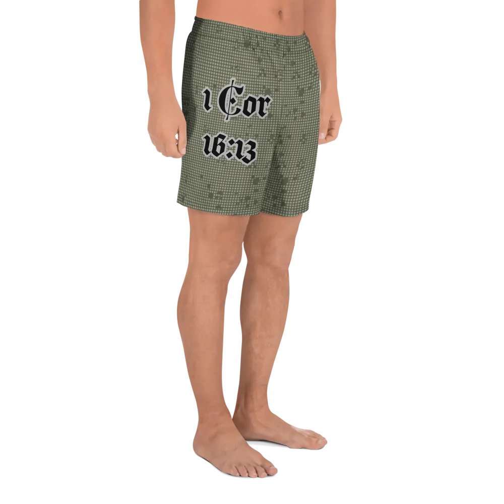 Faithful Camo: 1 Corinthians 16:13 Unisex Athletics Shorts - Desert Night Camo product image (3)