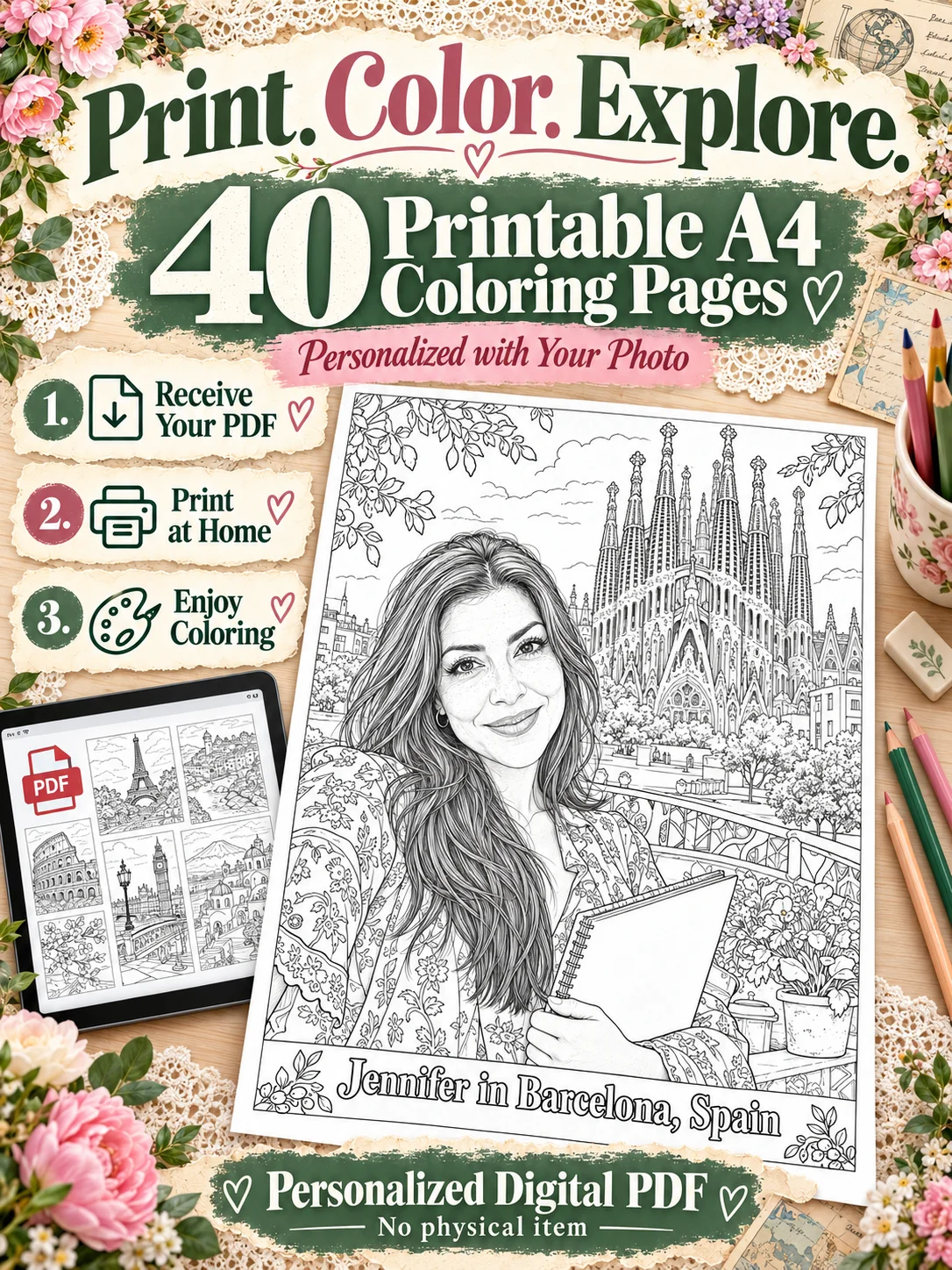 Personalized Coloring Book for Adults: 40 Printable A4 PDF Pages with Your Photo and Name, Famous World Landmarks, Cities and Around the World Adventures product image (5)
