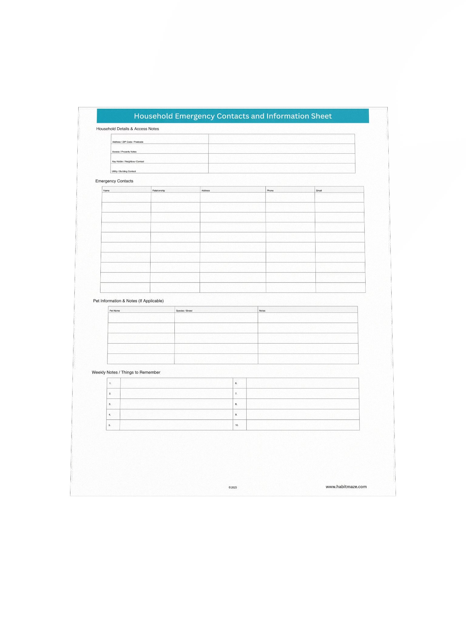Household Emergency Contacts and Information Sheet product image (5)